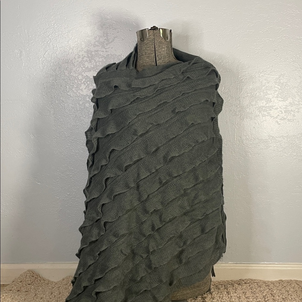 Smoky Grey Ruffled Knit with Fringe Poncho